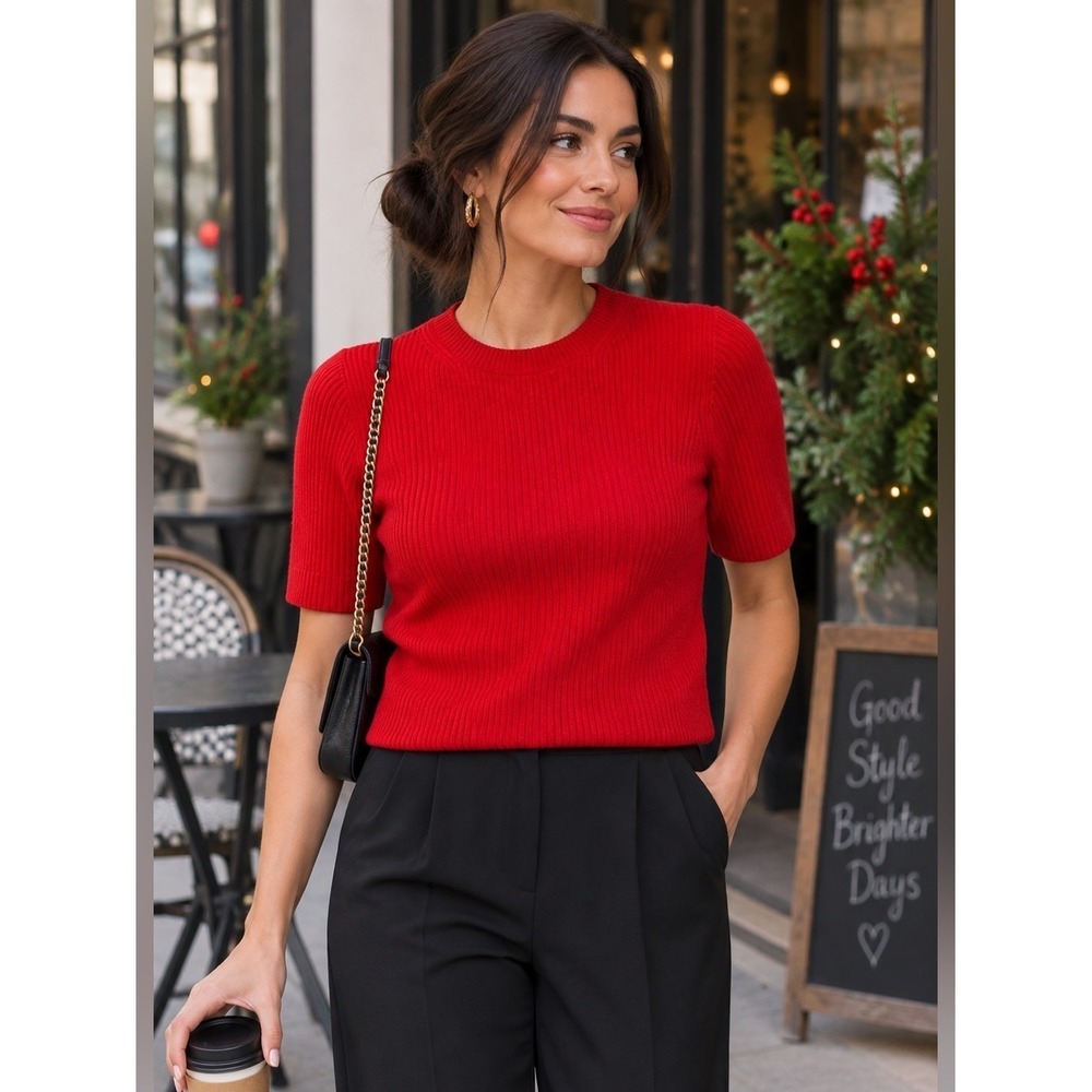 BRIT.NY Womens Red Ribbed Short Sleeve Knit Crew Neck Top Small